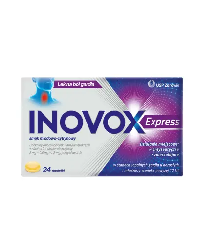 Inovox Express smak miodowo-cytrynowy, 24 pastylki - Lidocaini hydrochloridum monohydricum + Amylmetacresolum + Alcohol 2,4-dichlorobenzylicus