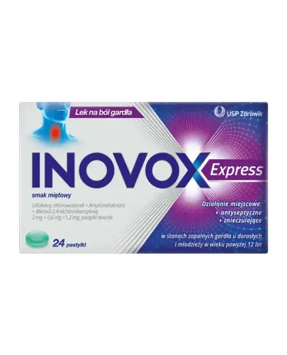 Inovox Express smak miętowy, 2 mg + 0,6 mg + 1,2 mg, 24 pastylki twarde - Z lidokainą, łagodzą objawy bólu gardła