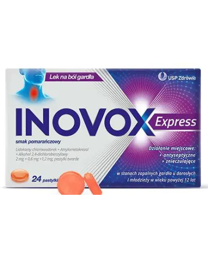 Inovox Express smak pomarańczowy, 2 mg + 0,6 mg + 1,2 mg, 24 pastylki twarde - Pastylki do ssania z lidokainą, łagodzą objawy bólu gardła