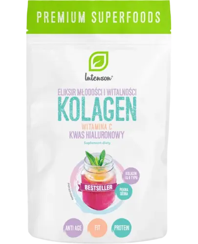 Intenson Kolagen + Kwas hialuronowy + Witamina C, proszek 250 g - Wsparcie dla skóry, włosów i paznokci z kolagenem typu I i II