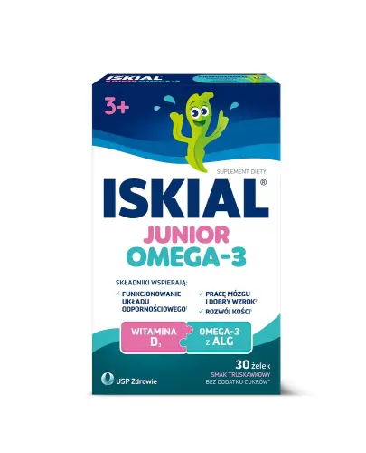 Iskial Junior Omega-3 smak truskawkowy, 30 żelek - Bogaty w kwasy Omega-3 i witaminę D