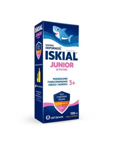 Iskial Junior, smak cytrynowy, płyn 100 ml  - Z olejem z wątroby rekina i dorsza z DHA oraz witaminą D, dla dzieci powyżej 3. roku życia i dorosłych