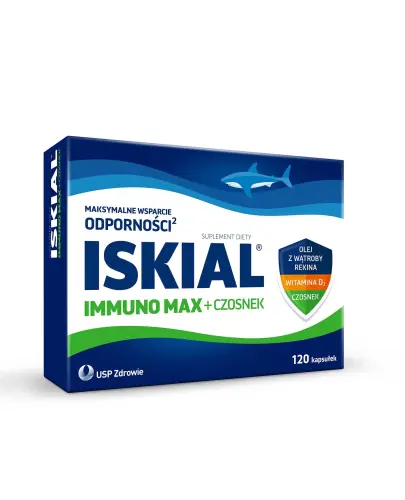 Iskial Immuno Max + Czosnek, 120 kapsułek  - Suplement diety z olejem z wątroby rekina,  witaminą D i ekstraktem z czosnku dla dzieci powyżej 6. roku życia i dorosłych.