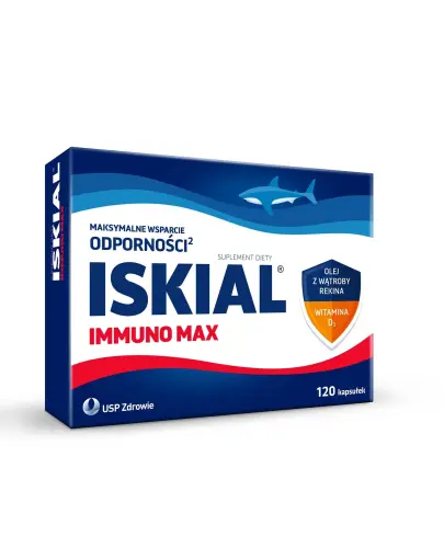 Iskial Immuno Max, 120 kapsułek - Z olejem z wątroby rekina i witaminą D, dla dzieci powyżej 6. roku życia i dorosłych.