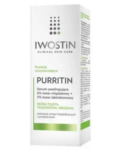 Iwostin Purritin, serum peelingujące 5% kwas migdałowy + 3% kwas laktobionowy, 30 ml - Kuracja oczyszczająca do skóry tłustej, trądzikowej i mieszanej