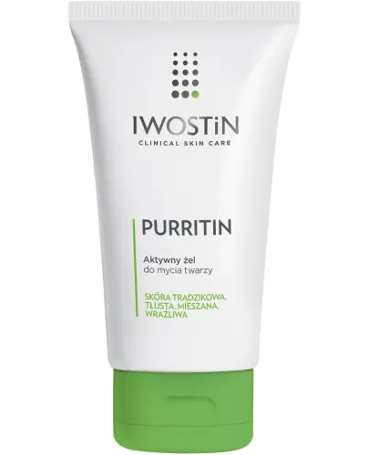 Iwostin Purritin Aktywny żel do mycia twarzy, 150 ml - Iwostin Purritin Aktywny żel do mycia twarzy oparty jest na potrójnej formule: oczyszcza i nawilża skórę oraz ogranicza rozwój bakterii