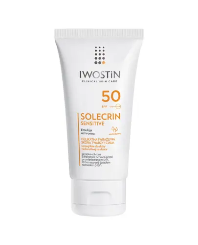 Iwostin Solecrin Sensitive  Emulsja ochronna SPF 50, 100 ml  - Wysoka ochrona przed promieniowaniem UVA i UVB oraz niebieskim światłem HEV