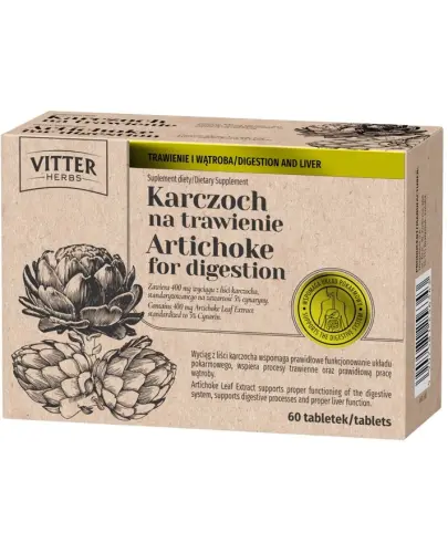 Karczoch na Trawienie Vitter Herbs,  60 tabletek - Z ekstraktem z liścia karczocha, który wspomaga procesy trawienne oraz pracę wątroby