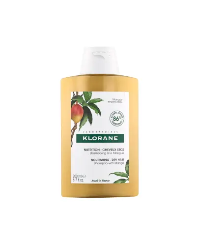 Klorane Mango Szampon do włosów z mango, 200 ml - Szampon do włosów odżywia suche włosy, przywraca im elastyczność, miękkość i blask