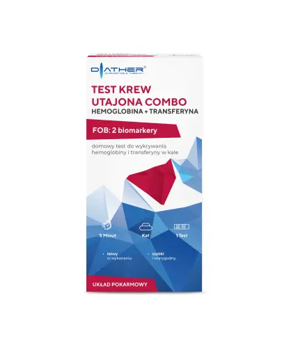 Diather Test Krew utajona Combo Hemoglobina + Transferyna, 1 sztuka - Test do wykrywania hemoglobiny i transferyny w kale