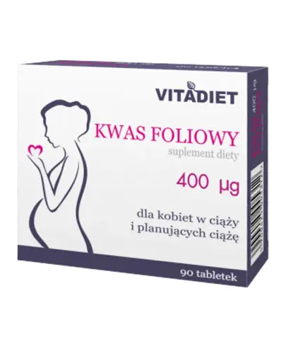 Vitadiet Kwas foliowy 400 µg, 90 tabletek - Uzupełnia poziom folianów w czasie ciąży