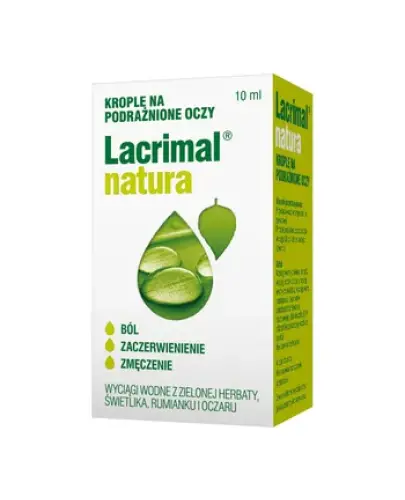 Lacrimal Natura, krople do oczu 10ml - Krople na bazie wyciągów z zielonej herbaty i świetlika do stosowania w celu odświeżenia oczu i złagodzenia uczucia dyskomfortu.