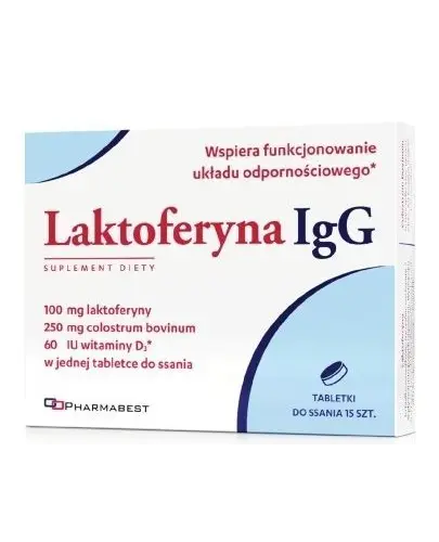 Laktoferyna IgG,  15 tabletek do ssania - Z colostrum, laktoferyną i witaminą D3, dla dorosłych i dzieci powyżej 3. roku życia