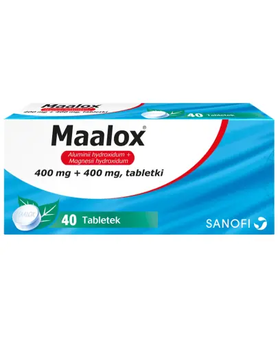 Maalox, 400 mg + 400 mg, 40 tabletek do ssania - Miętowe tabletki do ssania na niestrawność i zgagę