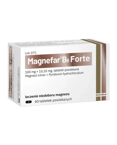 Magnefar B6 Forte, 60 tabletek - Magnesii citras + Pyridoxini hydrochloridum 100 mg Mg2+ + 10,10 mg, tabletki powlekane