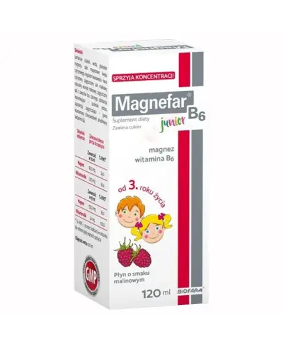 Magnefar B6 Junior, płyn 120 ml - Suplement diety w płynie o smaku malinowym z magnezem oraz witaminą B6