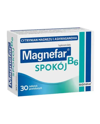 Magnefar B6 Spokój, 30 tabletek powlekanych - Z cytrynianem magnezu, ashwagandhą, kwasem foliowym oraz witaminami z grupy B