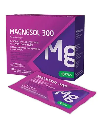 Magnesol 300, granulat do sporządzania roztworu doustnego, 20 saszetek - Z cytrynianem magnezu i witaminą B2, które wspomagają prawidłowe funkcjonowanie układu nerwowego