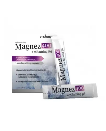 Vitadiet Magnez 400 z witaminą B6, 14 saszetek - Magnez w postaci cytrynianu magnezu