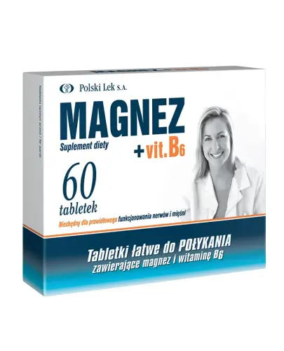 Magnez + B6, 60 tabletek, Polski Lek - Suplement diety z magnezem i witaminą B6 , które pomagają w prawidłowym funkcjonowaniu mięśni oraz układu nerwowego.