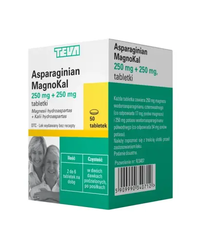 Magnokal, 50 tabletek - Magnesii hydrogenoaspartas + Kalii hydrogenoaspartas 250 mg + 250 mg, tabletki