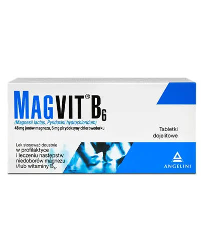 Magvit B6, 50 tabletek dojelitowych - 48 mg jonów magnezu + 5 mg pirydoksyny chlorowodorku, tabletki dojelitowe