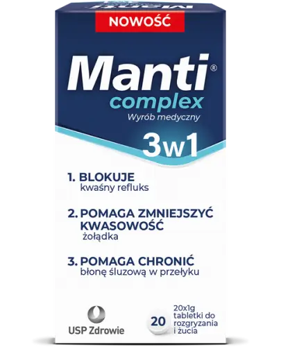 Manti Complex 3w1, 20 tabletek - Blokuje kwaśny refluks