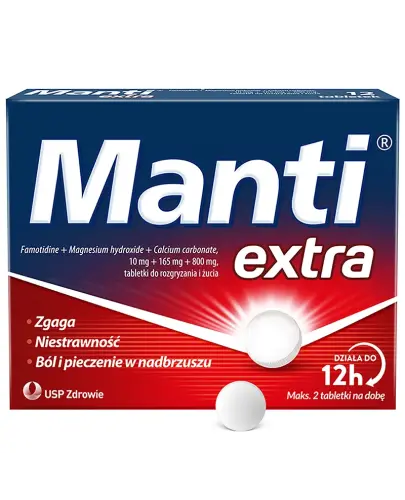 Manti Extra 10 mg + 165 mg + 800 mg, 12 tabletk do rozgryzania i żucia - Łagodzą objawy niestrawności lub nadkwaśności żołądka