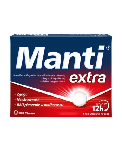 Manti Extra, 24 tabletki do rozgryzania i żucia - Na zgagę, niestrawność, ból i pieczenie w nadbrzuszu