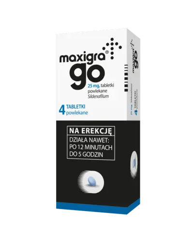 Maxigra Go 25 mg, 4 tabletki powlekane - Z syldenafilem, dla dorosłych mężczyzn z zaburzeniami erekcji 