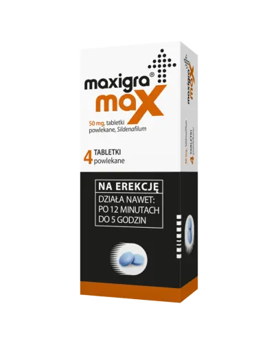 Maxigra Max 50 mg, 4 tabletki powlekane - Z syldenafilem, dla dorosłych mężczyzn z zaburzeniami erekcji