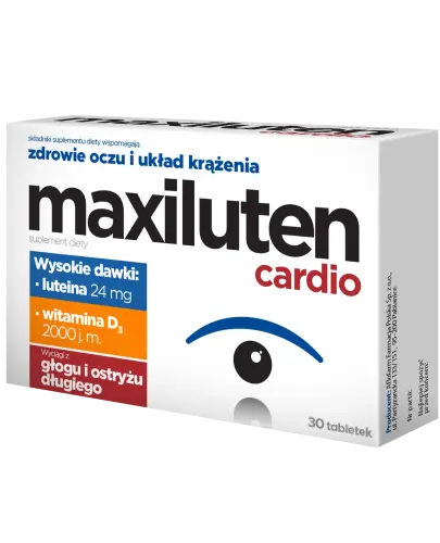 Maxiluten Cardio, 30 tabletek - Z  luteiną i zeaksantyną, które wspierają wzrok oraz z wyciągiem z głogu i ostryżu, które wspomagają funkcjonowanie serca i układu krążenia