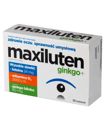 Maxiluten ginkgo+, 30 tabletek - Z luteiną, witaminą D3 oraz wyciągiem z Ginkgo Biloba, które wspierają zdrowie oczu i sprawność umysłową