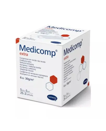 Medicomp Extra Kompresy jałowe włókninowe 5 x 5 cm, 50 sztuk - Kompresy chłonne 6-warstwowe