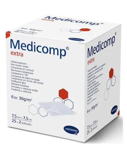 Medicomp Extra Kompresy jałowe włókninowe 7,5 x 7,5 cm, 50 sztuk - Kompresy chłonne 6-warstwowe