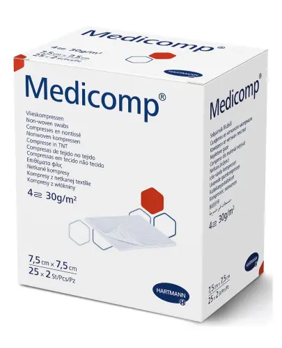 Medicomp Kompresy jałowe włókninowe 7,5 x 7,5 cm, 50 sztuk - Kompresy chłonne 4-warstwowe