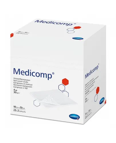 Medicomp Kompresy jałowe włókninowe 10 x 20 cm, 50 sztuk - Kompresy chłonne 4-warstwowe