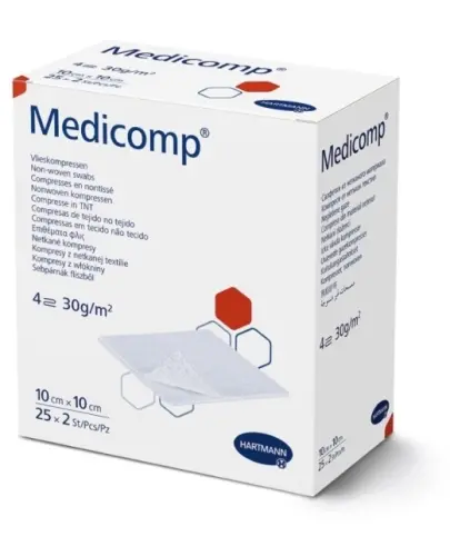 Medicomp Kompresy jałowe z włókniny 10 x 10 cm, 50 sztuk - Kompresy chłonne 4-warstwowe