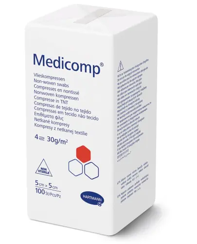 Medicomp Kompresy niejałowe włókinowe 5 x 5 cm, 100 sztuk - Kompresy chłonne 4-warstwowe