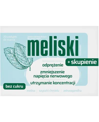 Meliski + Skupienie, 20 pastylek do ssania - Pastylki do ssania z melisą, wyciągiem z szyszek chmielu i ashwagandhą