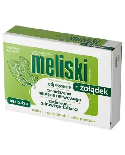 Meliski + Żołądek, 20 pastylek do ssania - Pastylki do ssania z melisą, wyciągiem z szyszek chmielu i miętą pieprzową