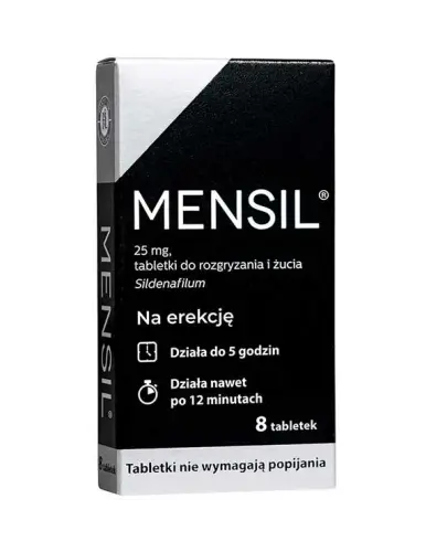 Mensil 25 mg, 8 tabletek do rozgryzania i żucia - Z syldenafilem, dla dorosłych mężczyzn z zaburzeniami erekcji