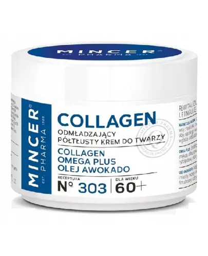 Mincer Pharma Collagen No 303, odmładzający, półtłusty krem do twarzy 60+, 50 ml - Krem do twarzy dedykowany jest dla osób powyżej 60. roku życia, który wspiera barierę lipidową skóry oraz spłyca zmarszczki