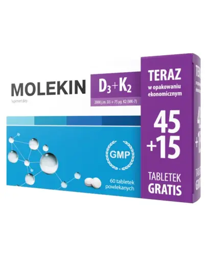 Molekin D3 + K2, witamina D 2000 j.m. + witamina K 75 µg, 45+15 tabletek - Suplement diety z witaminami D3 i K2