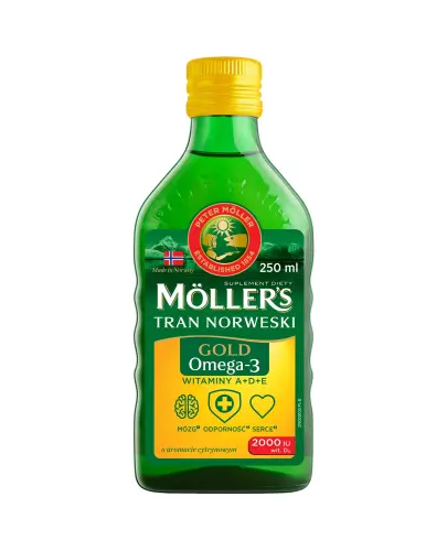 Moller's Gold Tran Norweski, cytrynowy, 250 ml  - Olej rybi z kwasami Omega-3 i witaminami, dla dorosłych