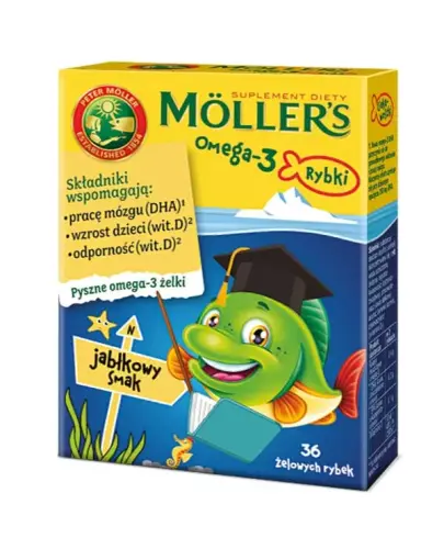 Moller's Omega-3 Rybki,  jabłkowy smak, 36 sztuk - Żelki z witaminą D oraz kwasami Omega-3 i DHA dla dorosłych i dla dzieci powyżej 3 roku życia