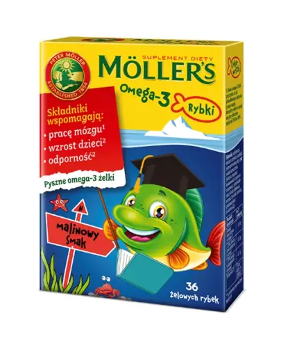 Moller's Omega 3 Rybki, malinowy smak, 36 sztuk - Żelki z witaminą D oraz kwasami Omega-3 dla dorosłych i dla dzieci powyżej 3 roku życia