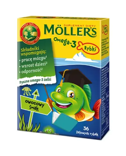 Moller's Omega 3 Rybki, owocowy smak, 36 sztuk - Żelki z witaminą D oraz kwasami Omega-3 dla dorosłych i dla dzieci powyżej 3 roku życia