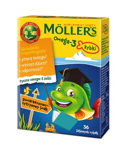 Moller's Omega 3 Rybki, pomarańczowo-cytrynowy smak,  36 sztuk - Żelki z witaminą D oraz kwasami Omega-3 i DHA dla dorosłych i dla dzieci powyżej 3 roku życia