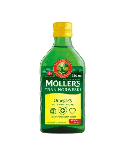 Moller's Tran Norweski, cytrynowy, 250 ml - Olej rybi z kwasami Omega-3 i witaminami, dla dorosłych i dzieci powyżej 3. roku życia